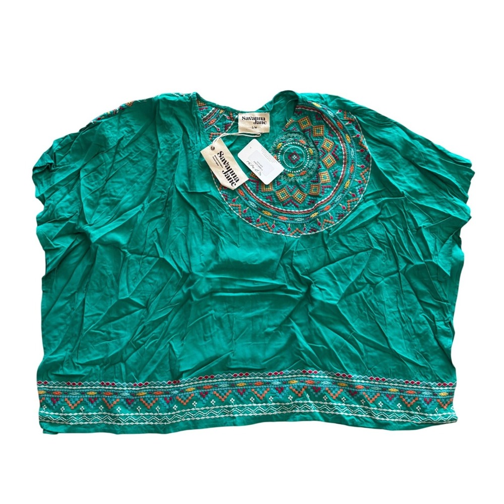 Savanna Jane Teal Green Embroidered Boho Blouse Top S/M NWT
